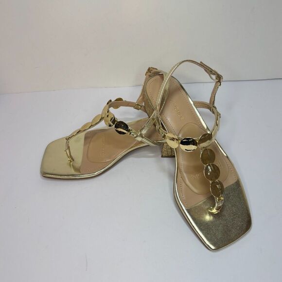 Marc Fisher Caylie Embellished Gold T-Strap Block Heel Sandals Womens - Picture 1 of 6